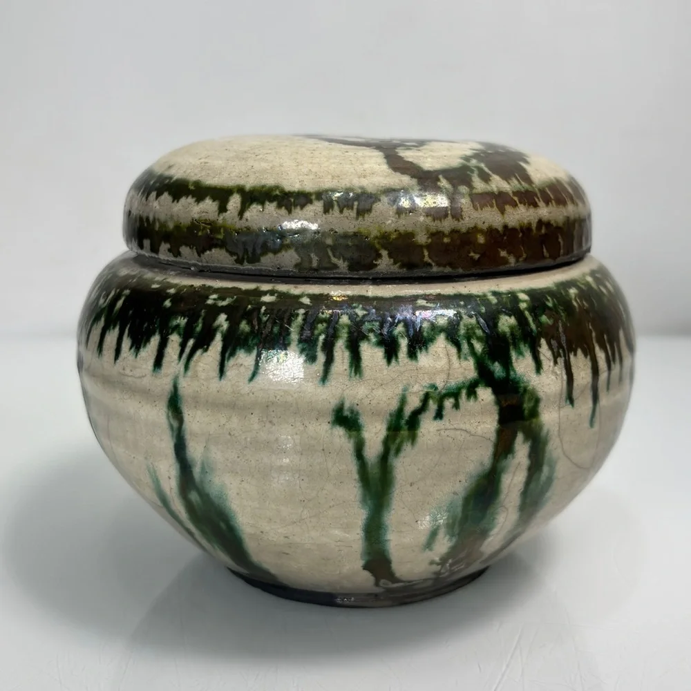 Art Studio Handmade Artist Signed Green Iridescent Glaze Pottery Lidded Urn Jar